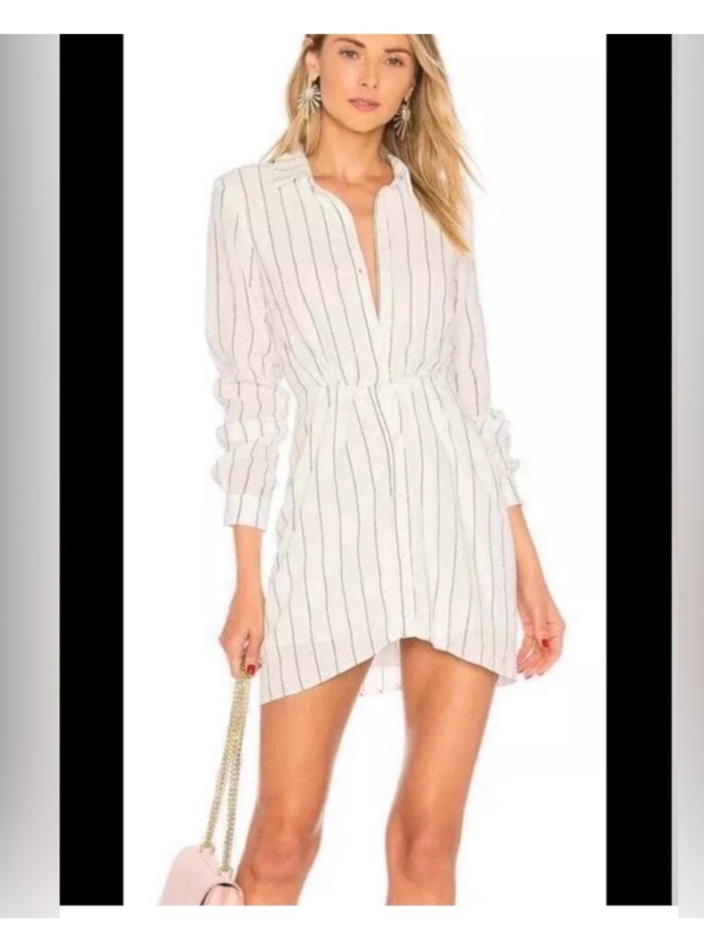 L'Academie White Long-Sleeve Button-Front Shirtdress with Black Stripes